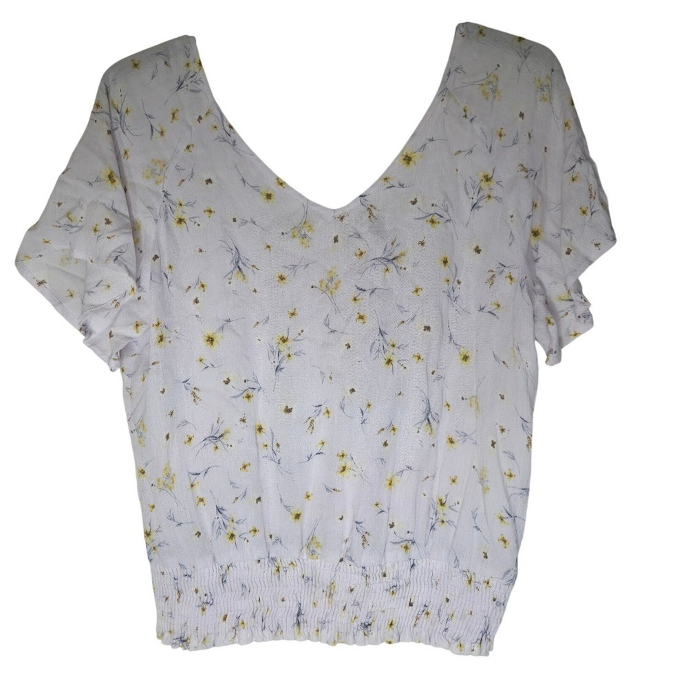 Anthropologie Paper Crane Womens Floral Smocked Hem Tie Back V-Neck Blouse White